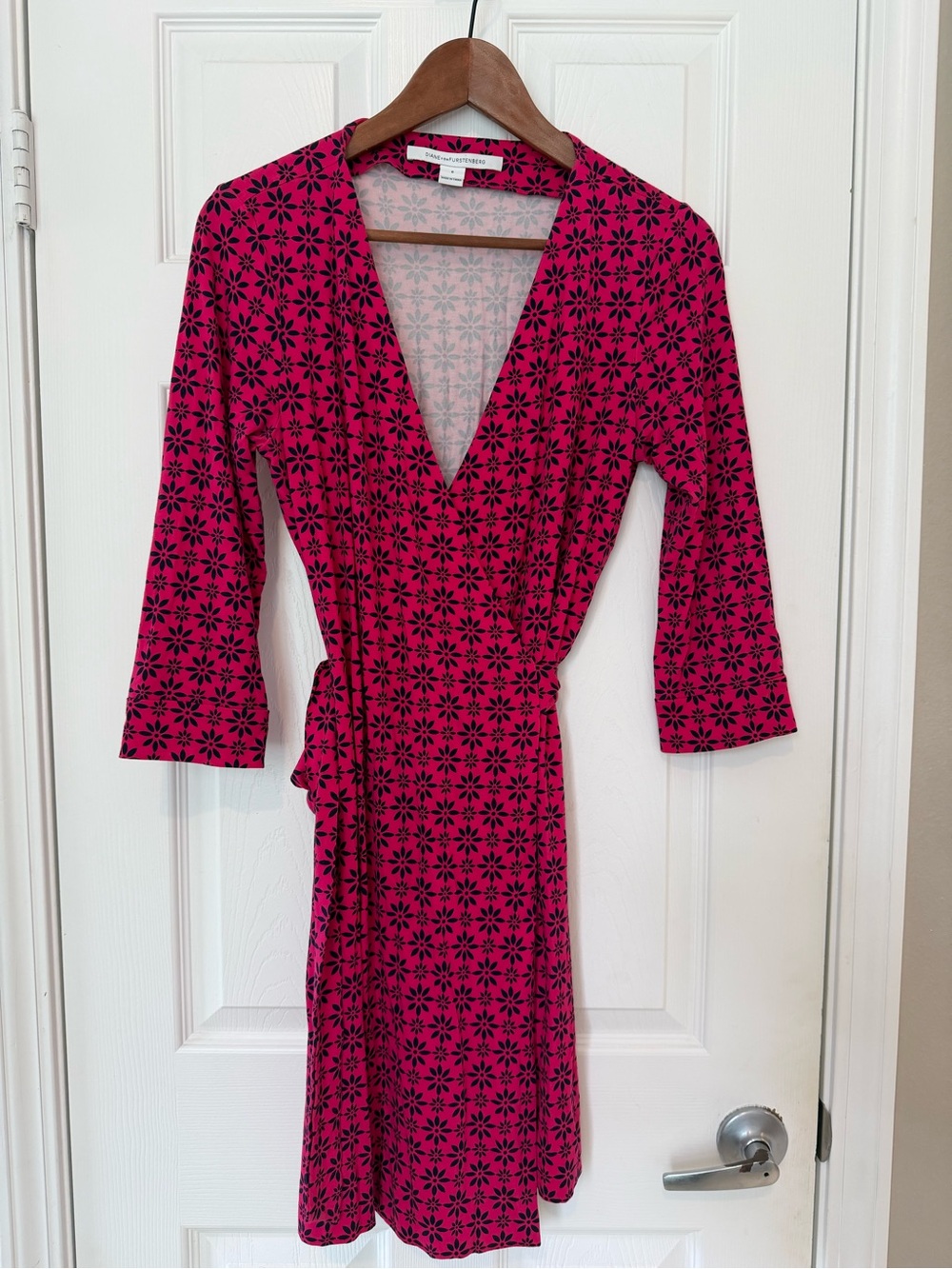 Diane Von Furstenberg Hot Pink Wrap Dress with Black Floral Motif